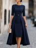 Navy Belted Overlay Pencil Midi Dress