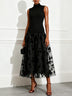 Black Flocked Floral Knit High Neck Sleeveless A-Line Midi Dress