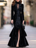 Black Ruffle-Front Velvet Mermaid Maxi Dress With Sheer Lace Yoke