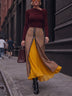 Brown Plaid Tiered Zip-Detail Skirt And Burgundy Top Set