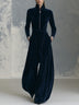 Navy Velvet Zip-Front Wide-Leg Jumpsuit With Tie Waist