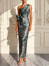 Cyan Jacquard Bow Satin One Shoulder Sleeveless Maxi Dress