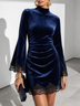 Navy Blue Velvet Mock Neck Mini Dress With Black Scalloped Lace Trim