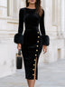 Black Boat Neck Long Faux Fur Cuff Velvet Midi Pencil Dress