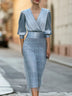 Blue Satin Pleated V Neck Sequin Fringe Midi Dress