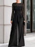 Black Lace Overlay Asymmetric Ruffle Wide-Leg Jumpsuit