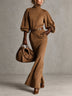 Brown Turtleneck Blouson Sleeve Faux Suede Maxi Dress(with belt)