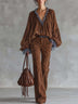 Vintage Brown Velvet Ruffle Trim Blouse & Wide Leg Pants Set(With Belt)