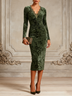 Green Floral Velvet Lace V-Neck Midi Dress