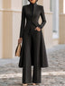 Elegant Black Tand Collar Long Tailored Blazer & Wide Leg Pants Set