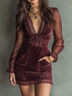 Burgundy Velvet And Lace Mini Dress With Sheer Sleeves