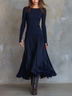 Elegant Navy Blue Ribbed Long Sleeve Drop Waist Flowy Maxi Dress