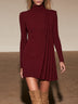 Burgundy Turtleneck Draped Pleated Mini Dress