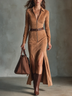 Vintage Caramel Brown Faux Suede Zip Front Belted Slit Maxi Dress