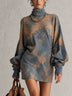 Vintage Blue Brown Abstract Print Turtleneck Balloon Sleeve Mini Dress