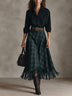 Vintage Dark Green Button Down Shirt And Plaid Fringe Midi Skirt Two Piece Set With Belt