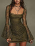 Vintage Olive Green Lace Square Neck Bell Sleeve Faux Fur Trim Bodycon Mini Dress