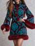 Vintage Baroque Print Velvet Faux Fur Trim Mini Dress