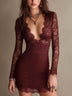 Elegant Burgundy Lace Long Sleeve Plunging V-Neck Ribbed Bodycon Mini Dress