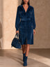 Navy Blue Velvet Multi-pocket Shirt-style Midi Dress