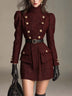 Burgundy Tweed Gold Button High Neck Belted Puff Sleeve Mini Dress