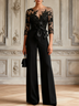 Black Bow Lace Boat Neck Half Sleeve Elegant Jumpsuit