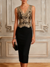 Black Gold Floral Lace V-Neck Sleeveless Midi Pencil Dress
