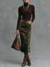 Chocolate Brown Turtleneck Top And Olive Green Midi Skirt Set