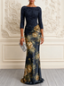 Navy Lace Bodice Golden Floral Satin Mermaid Maxi Dress