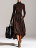Chocolate Brown Turtleneck Ruched Waist Bubble Hem Midi Dress