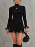 Black Turtleneck Contrast Trim Ruffle Long Sleeve Mini Dress