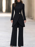 Black Ribbed High Neck Asymmetric Wrap Top And Wide Leg Pants Two Piece Set
