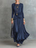 Navy Draped Long Sleeve Top And Flowy Pleated Skirt Two Piece Set