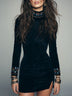 Black Velvet  Floral Embroidered High Neck Long Sleeve Mini Dress