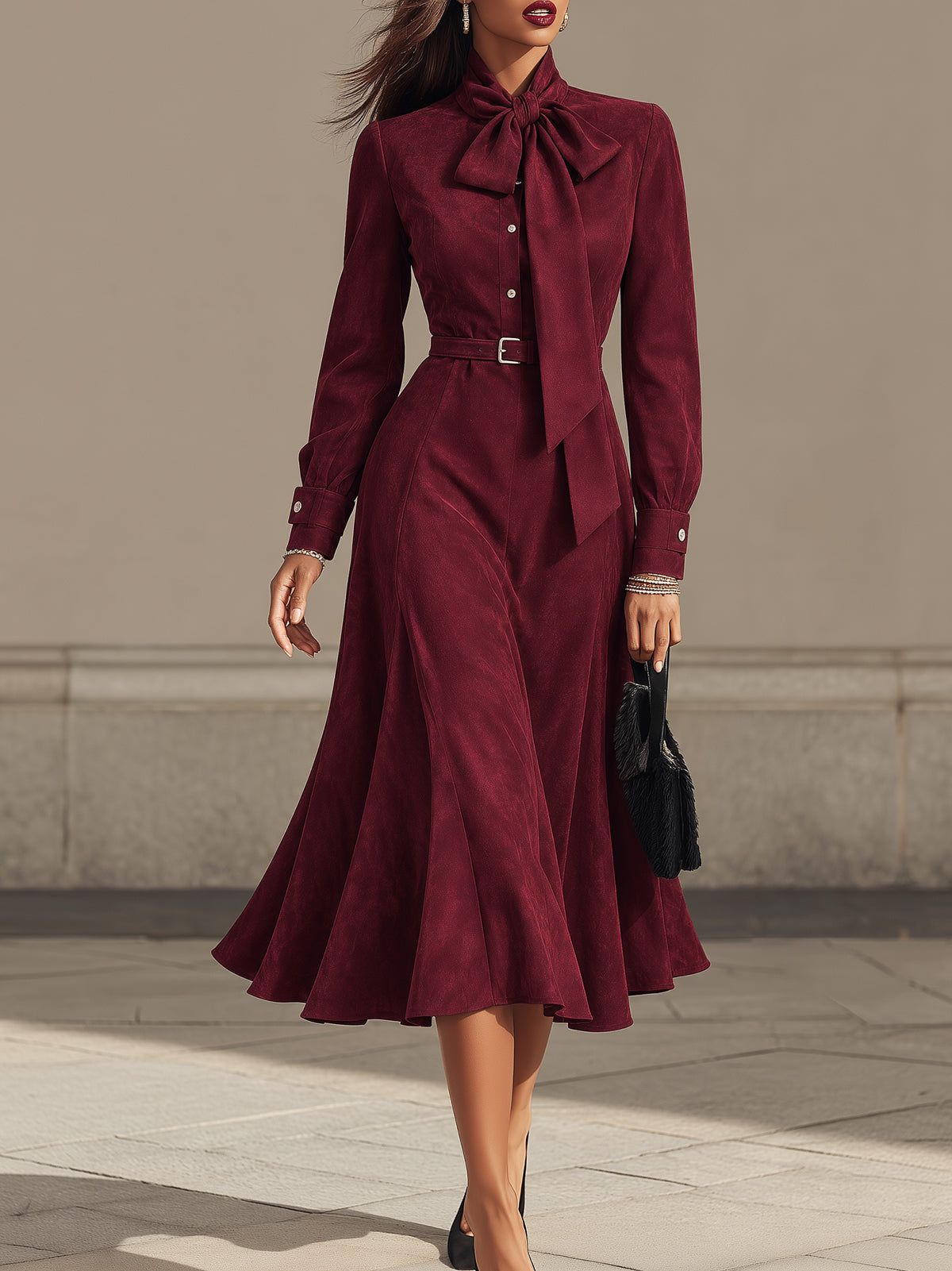 Burgundy Faux Suede Bow Neck Belted Midi Dress