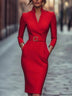 Elegant Stand Collar Long Sleeve Belted Midi Sheath Dress