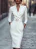 Elegant Stand Collar Long Sleeve Belted Midi Sheath Dress