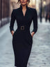 Elegant Stand Collar Long Sleeve Belted Midi Sheath Dress