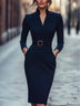 Elegant Stand Collar Long Sleeve Belted Midi Sheath Dress
