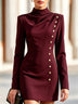 Draped Mock Neck Long Sleeve Gold Button Bodycon Mini Dress