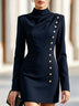 Draped Mock Neck Long Sleeve Gold Button Bodycon Mini Dress