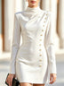Draped Mock Neck Long Sleeve Gold Button Bodycon Mini Dress