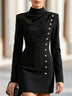 Draped Mock Neck Long Sleeve Gold Button Bodycon Mini Dress