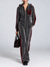 Grey Half-zip Velvet Hooded Jumpsuit With Burgundy Side Panels