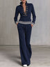 Navy Half-zip Button-placket Sweatshirt And Wide-leg Pants Set