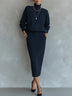 Navy Ribbed Knit Turtleneck Top And  Midi Skirt Two Piece Set