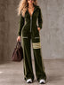 Olive Green Velvet Hooded Jumpsuit with Cream-yellow Side Stripes