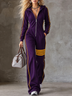 Purple Half-zip Hooded Jumpsuit With Yellow Side Stripes