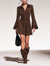 Brown Faux-Suede Lace-Trim Ruched Mini Dress