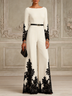 White Lace Boat Neck Long Sleeve Elegant Jumpsuit(with belt)